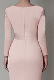 Blush Satin Round Neck Sheath Long Mother Of The Bride Dress with Sleeves