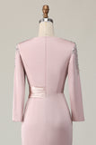 Blush Satin Round Neck Sheath Long Mother Of The Bride Dress with Sleeves