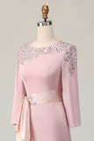 Blush Satin Round Neck Sheath Long Mother Of The Bride Dress with Sleeves