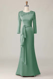 Blush Sheath Round Neck Long Mother Of The Bride Dress with Sleeves