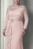 Blush Satin Round Neck Sheath Long Mother Of The Bride Dress with Sleeves