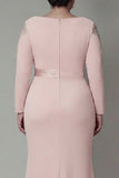 Blush Satin Round Neck Sheath Long Mother Of The Bride Dress with Sleeves