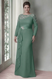 Blush Satin Round Neck Sheath Long Mother Of The Bride Dress with Sleeves
