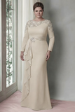 Blush Satin Round Neck Sheath Long Mother Of The Bride Dress with Sleeves