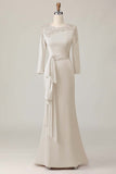 Blush Sheath Round Neck Long Mother Of The Bride Dress with Sleeves