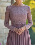 Black Tie Vintage Mauve Column Scoop Chiffon Long Mother of the Bride Dress with Lace Appliques