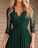 Elegant Dark Green A-Line V-neck Chiffon Long Mother of the Bride Dress with Lace Appliques