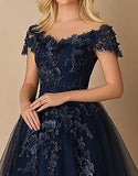 Black Tie Navy A-Line V-neck Tulle Long Mother of the Bride Dress with Short Sleeves