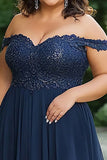 Elegant Navy Off the Shoulder A-Line Chiffon Long Mother of the Bride Dress with Lace Appliques