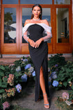 Black Mermaid Off the Shoulder Long Sleeves Ruched Long Formal Dress with Slit