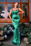 Dark Green Mermaid Spaghetti Straps Satin Long Formal Dress