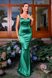 Dark Green Mermaid Spaghetti Straps Satin Long Formal Dress