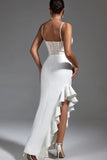 White Sheath Corset Spaghetti Straps Lace Prom Dress with Ruffle Slit