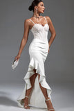 White Sheath Corset Spaghetti Straps Lace Prom Dress with Ruffle Slit