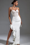 White Sheath Corset Spaghetti Straps Lace Prom Dress with Ruffle Slit