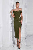 Army Green Sheath Off the Shoulder Tea Length Prom Dress with Slit