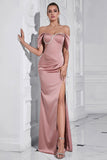 Grey Pink Sheath Off the Shoulder Ruched Prom Dress with Slit