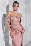 Grey Pink Sheath Off the Shoulder Ruched Prom Dress with Slit