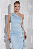 Light Blue Bodycon One Shoulder Tea Length Formal Dress