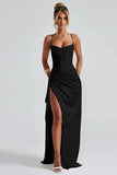 Simple Black Ruched Spaghetti Straps Long Formal Dress with Slit