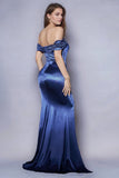 Dark Blue Mermaid Off the Shoulder Pleated Satin Long Prom Dress