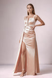 Elegant Blush Satin Sheath Pleated Long Wedding Guest Dress with Side Slit