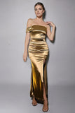 Mermaid Golden One Shoulder Ruched Long Formal Dress with Slit