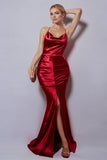 Burgundy Mermaid Halter Ruched Long Formal Dress with Slit