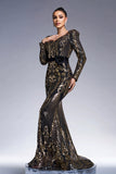 Sparkly Black Golden Long Sleeves Sheath Long Formal Dress with Sequin Embroidery