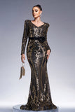 Sparkly Black Golden Long Sleeves Sheath Long Formal Dress with Sequin Embroidery