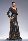 Sparkly Black Golden Long Sleeves Sheath Long Formal Dress with Sequin Embroidery