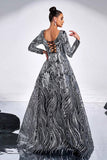 Black Silver Floral A-Line Illusion Neck Long Sleeves Formal Dress