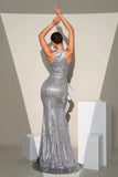 Sparkly Silver Mermaid High Neck Sequins Ruffle Flower Long Formal Dress with Slit