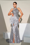 Sparkly Silver Mermaid High Neck Sequins Ruffle Flower Long Formal Dress with Slit