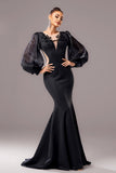 Black Mermaid Puff Long Sleeves V Neck Long Formal Dress with Appliques