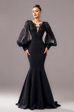 Black Mermaid Puff Long Sleeves V Neck Long Formal Dress with Appliques