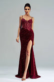 Sparkly Burgundy Mermaid Lace Corset Sequins Long Formal Dress with Slit