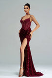 Sparkly Burgundy Mermaid Lace Corset Sequins Long Formal Dress with Slit