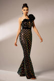 Sparkly Black Tight One Shoulder Ruffle Flower Sequined Prom Jumpsuit