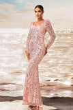 Sparkly Pink Mermaid Square Neck Sequins Long Formal Dress with Long Sleeves