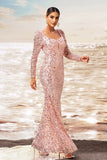 Sparkly Pink Mermaid Square Neck Sequins Long Formal Dress with Long Sleeves