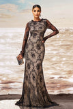 Black Apricot Mermaid Ruffled Neck Long Sleeves Ruched Lace Long Formal Dress