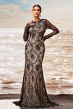 Black Apricot Mermaid Ruffled Neck Long Sleeves Ruched Lace Long Formal Dress