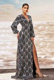 Black Silver Sheath V Neck Long Sleeves Long Formal Dress with Slit