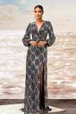 Black Silver Sheath V Neck Long Sleeves Long Formal Dress with Slit