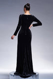 Black Mermaid V Neck Long Sleeves Tassels Velvet Long Formal Dress with Slit