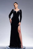 Black Mermaid V Neck Long Sleeves Tassels Velvet Long Formal Dress with Slit