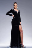 Black Mermaid V Neck Long Sleeves Tassels Velvet Long Formal Dress with Slit