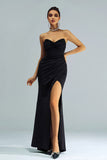 Black Mermaid Strapless Sequined Ruched Corset Long Formal Dress with Slit