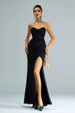 Black Mermaid Strapless Sequined Ruched Corset Long Formal Dress with Slit